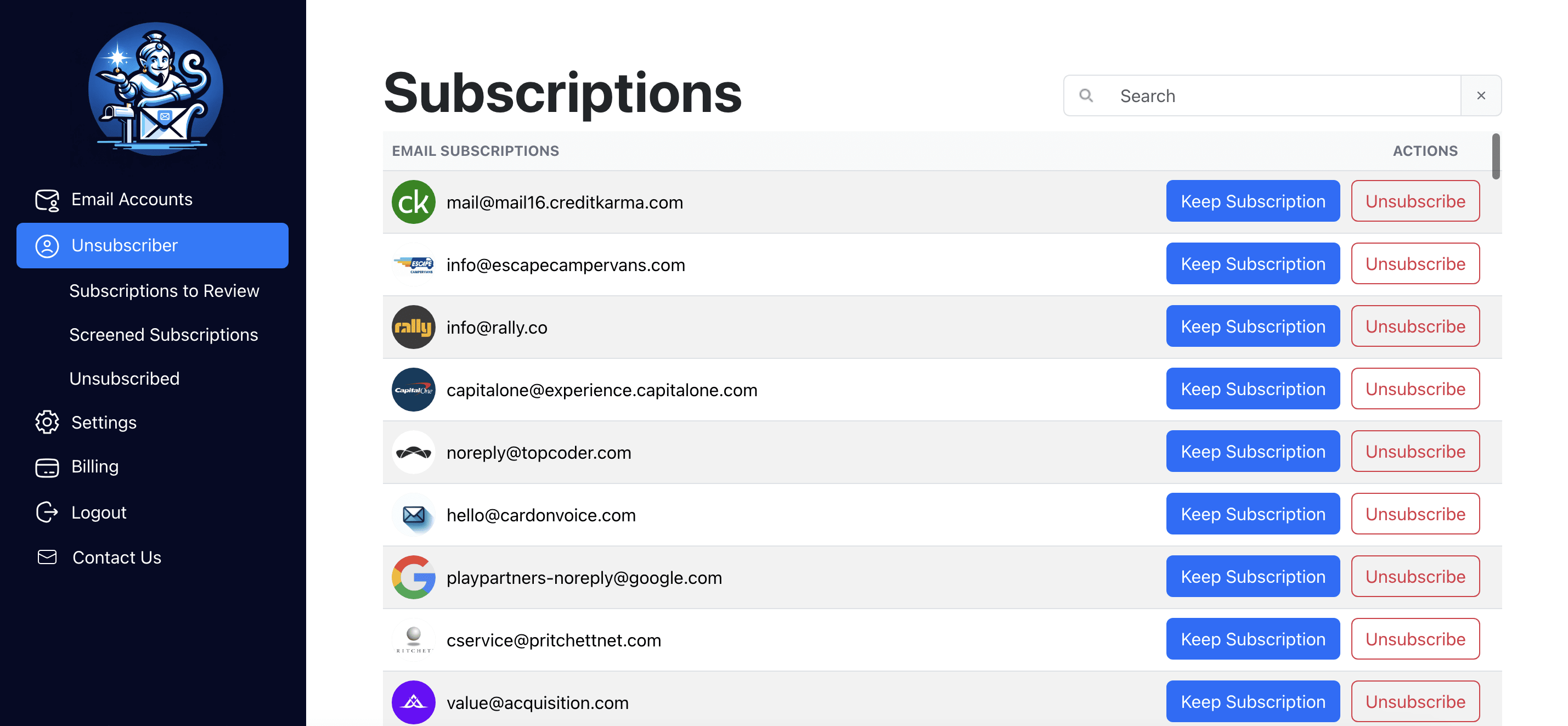 Mail Genie preview showing email subscription management interface